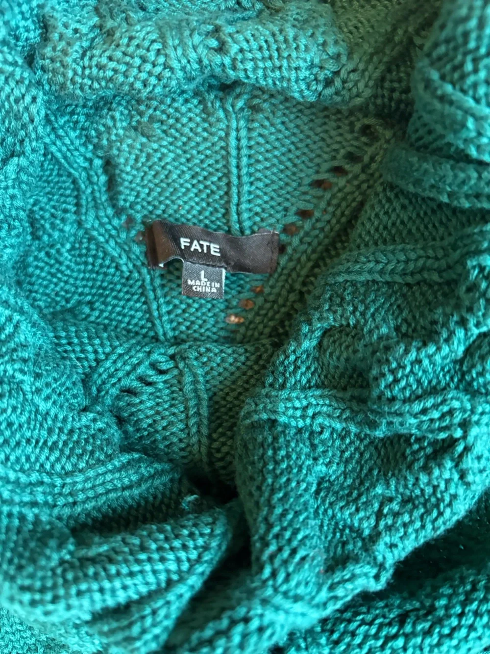 Fate Emerald Green Cable Knit Cowl Raw Hem Sweater Dress | Size L